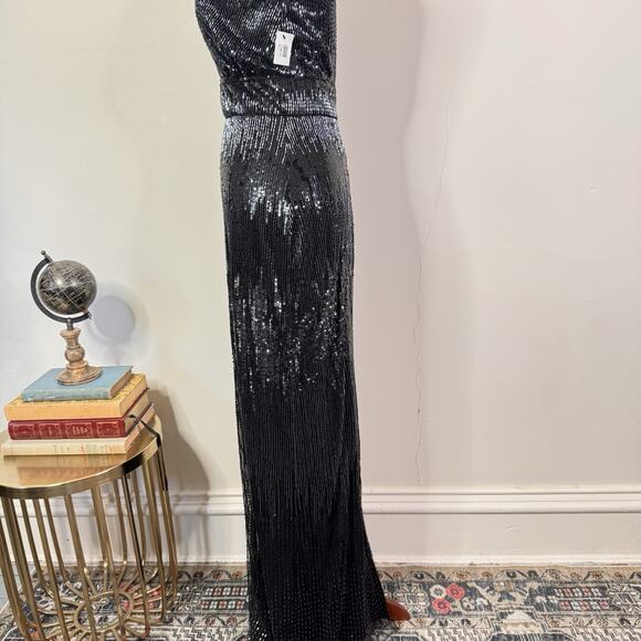Burnett New York Sequin Beaded Deep V Gown Black Indigo Runway Dress Size 2 NWT - Picture 9 of 14
